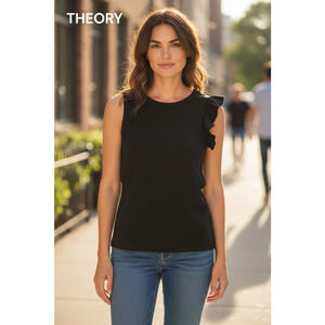 Theory Black One Ruffle Sleeve T Shirt Top M